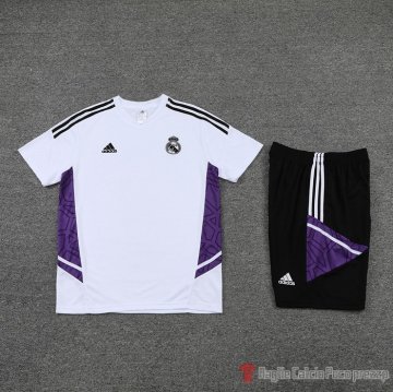 Tuta Da Track Real Madrid Manica Corta 2022-23 Bianco E Purpura - Pantalon Corto